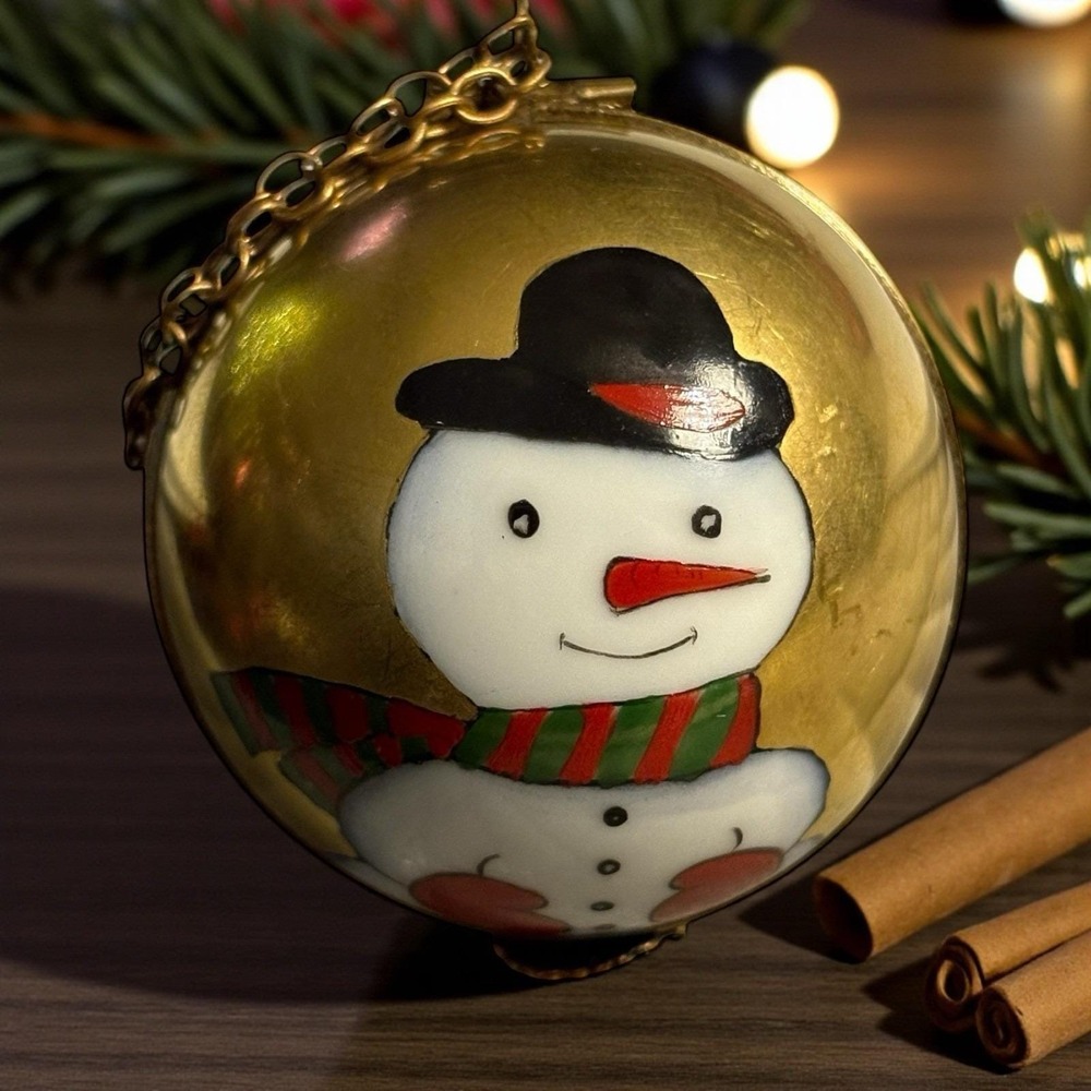 Limoges France Christmas‎ Ball Ornament Trinket Box Snowman Hanging Hand Painted